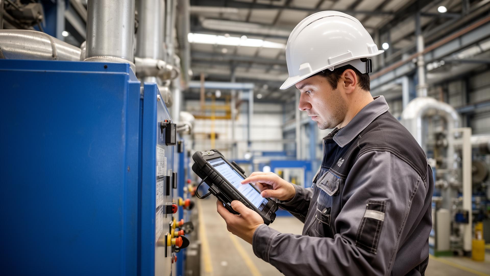 Maintenance technician using a rugged mobile device near industrial equipment