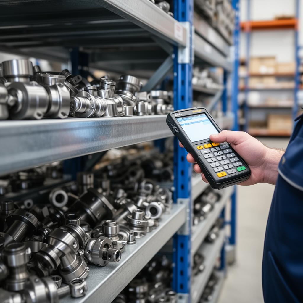 Technician scanning a spare part in an industrial warehouse with a rugged mobile device
